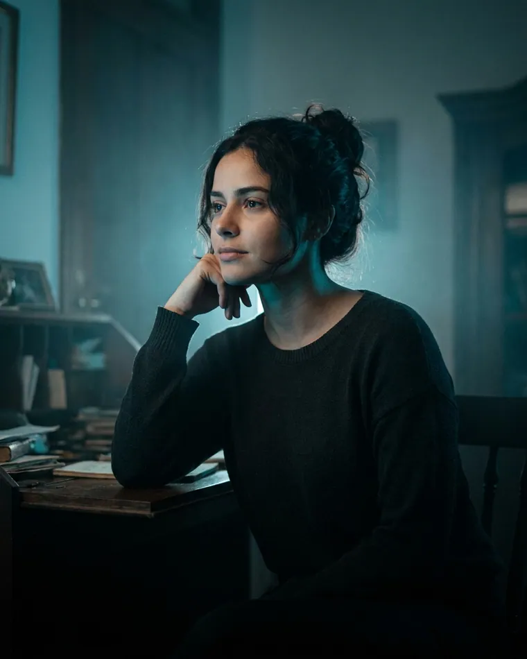 Mulher esperando diante do computador à noite, pensativa