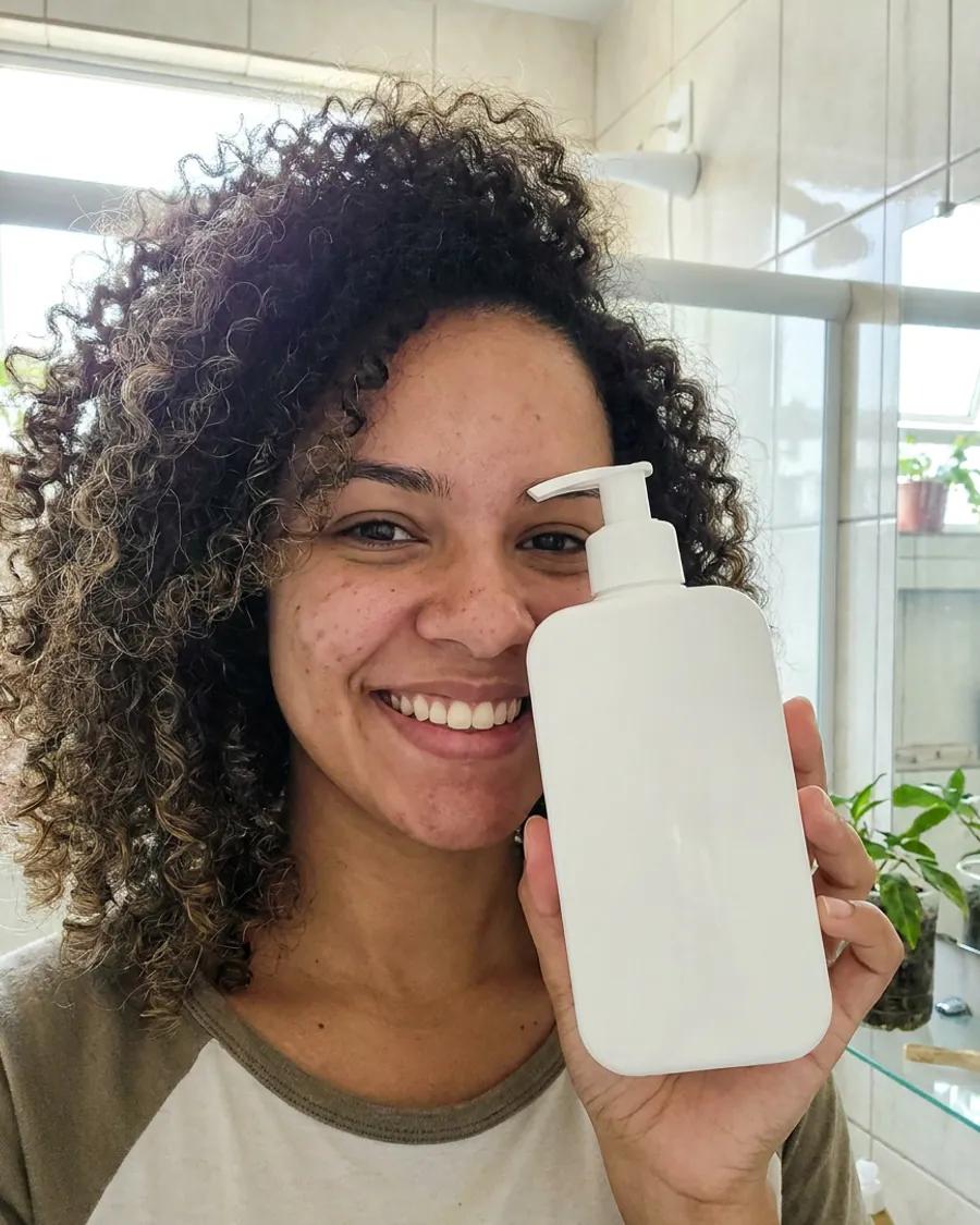 Criadora sorrindo com o frasco na mão, em foto pronta pra anúncio