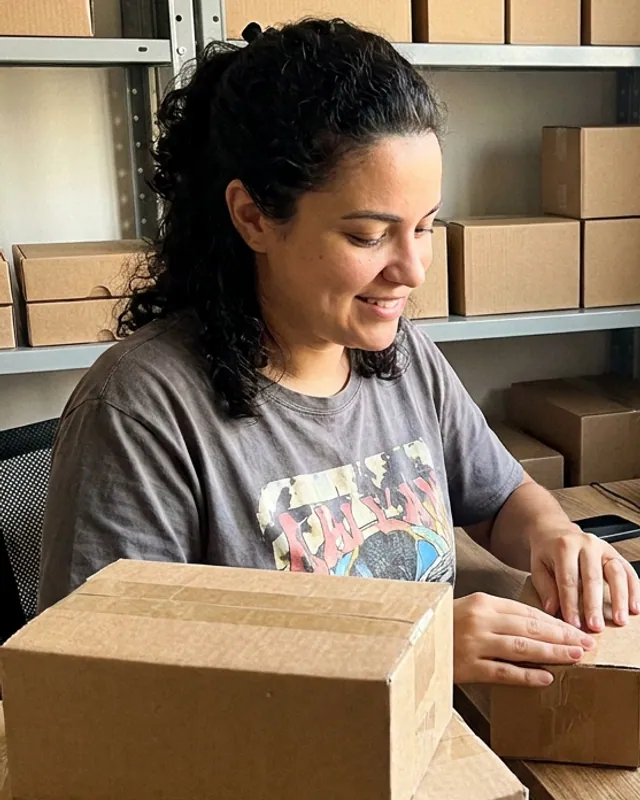 Vendedora embalando pedidos em casa, com prateleira de caixas