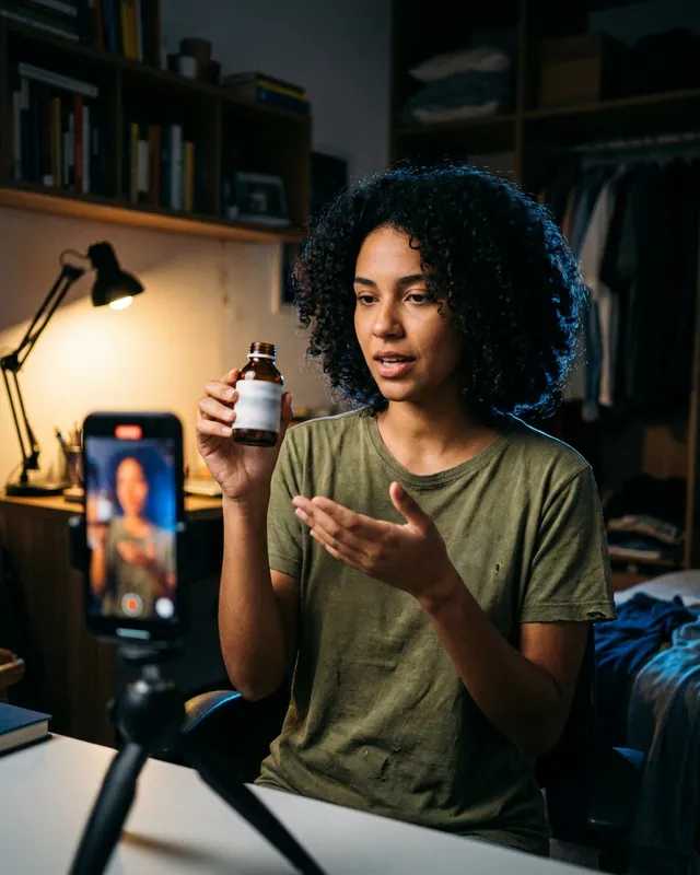 Criadora gravando review de produto com o celular no tripé