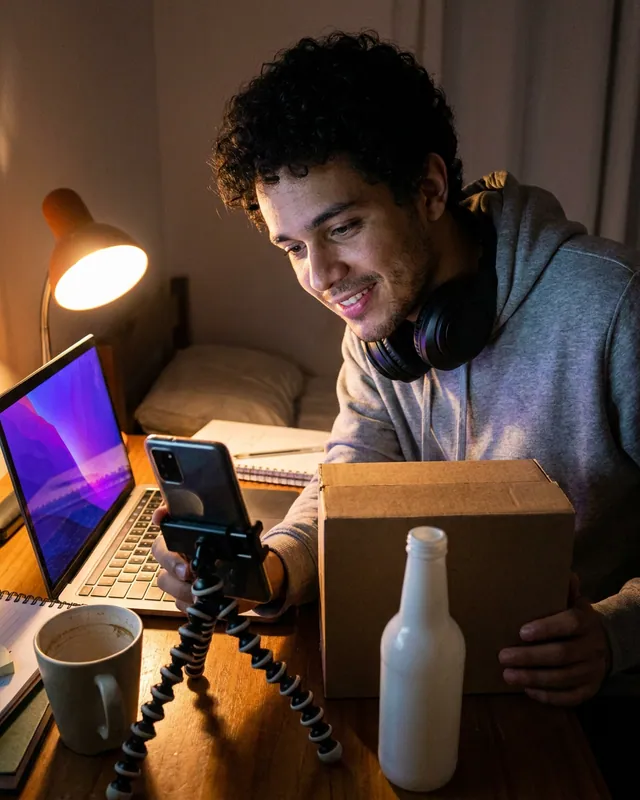 Criador filmando um produto com o celular no tripé, ao lado do notebook
