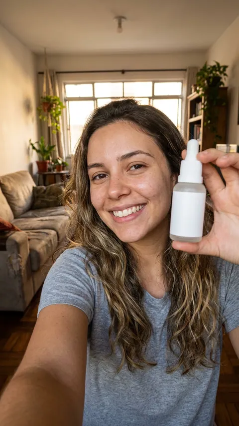 Criadora em selfie mostrando frasco de sérum perto da câmera