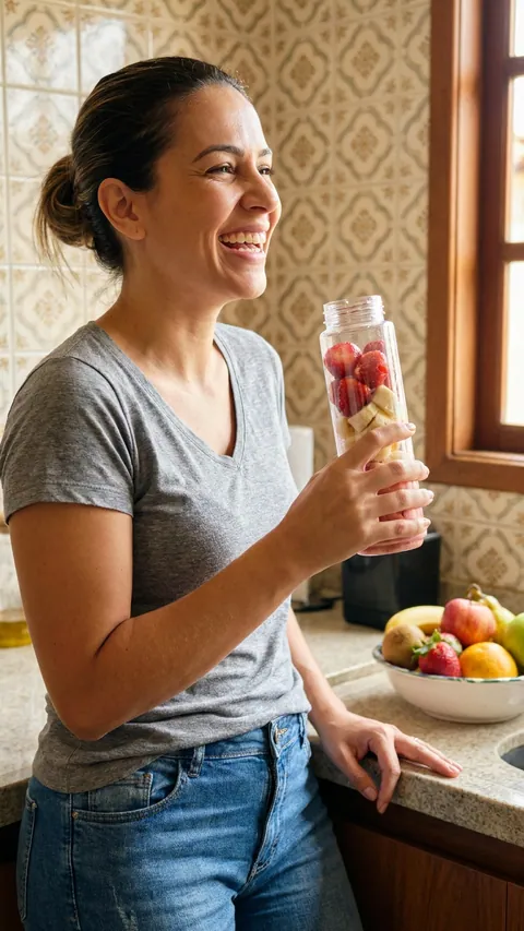 Mulher na cozinha mostrando mini liquidificador com frutas