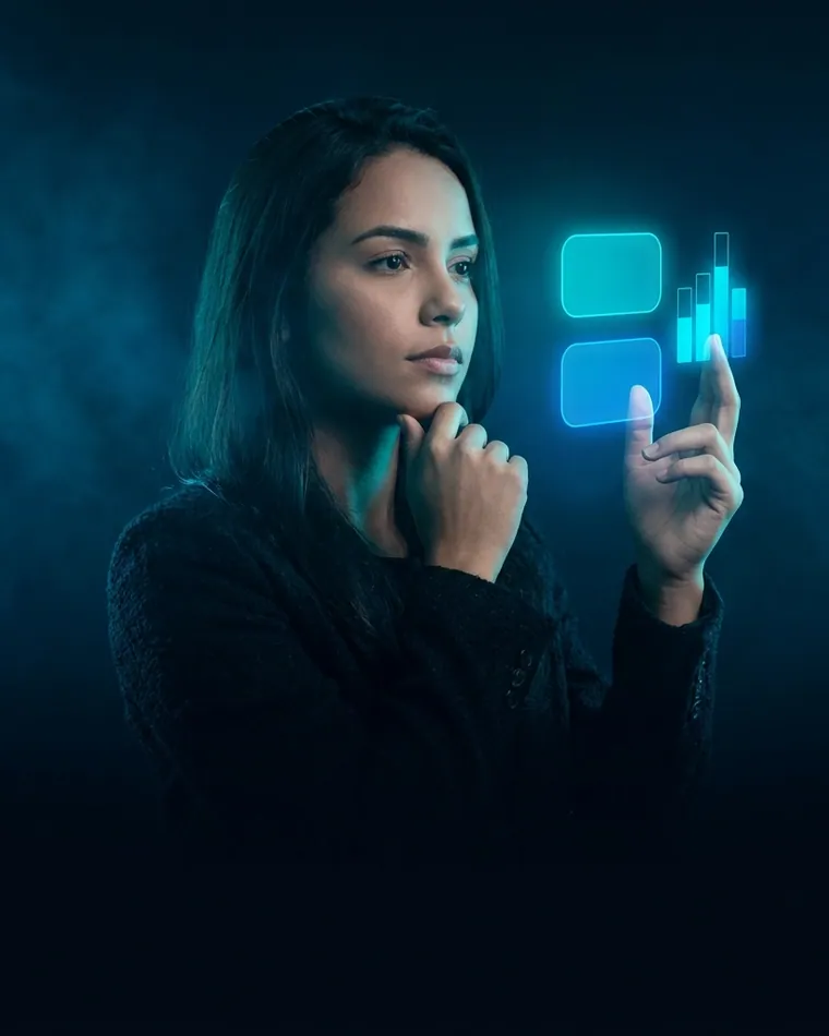 Mulher pensativa analisando painéis de luz azul